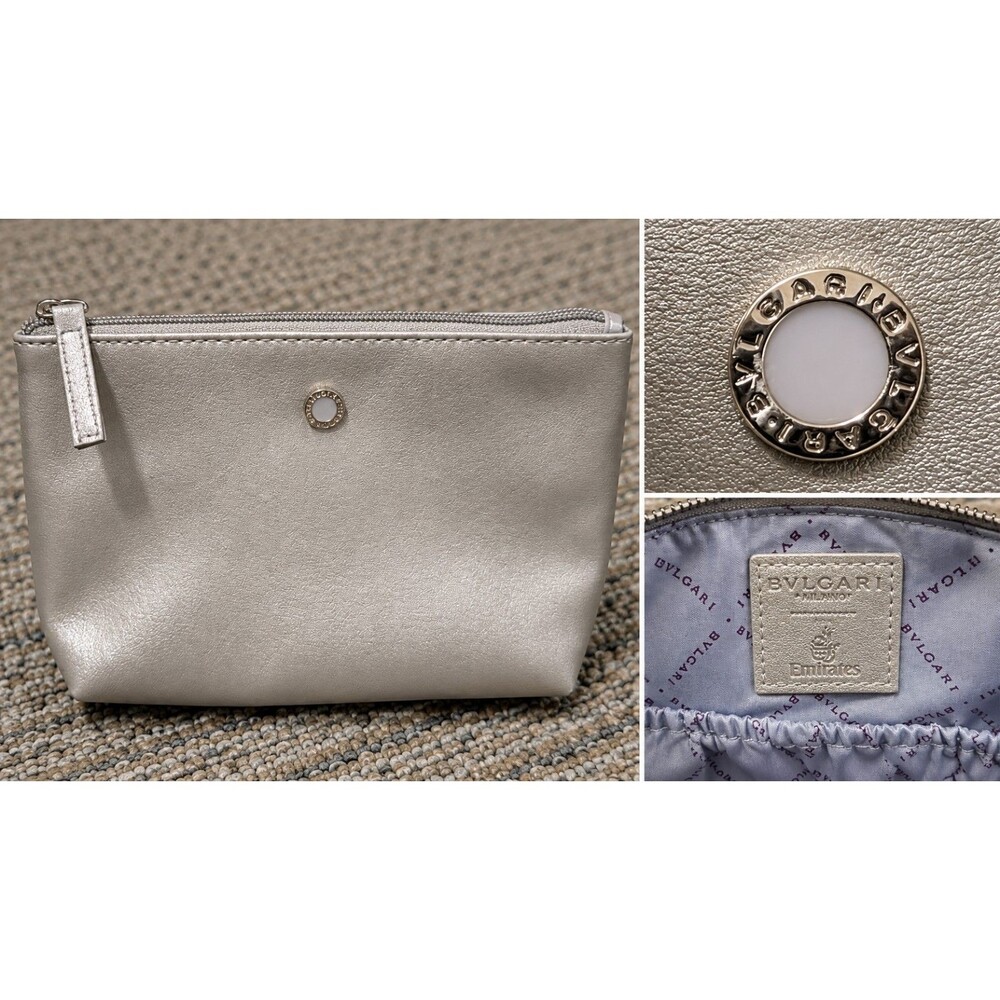Silver BVLGARI Emirates Travel Amenity Pouch Metallic Zip Cosmetic Bag Satin Lin